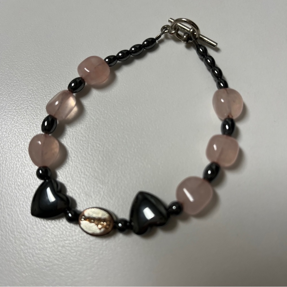 Pink Silver Charcoal Beaded Heart Bracelet.